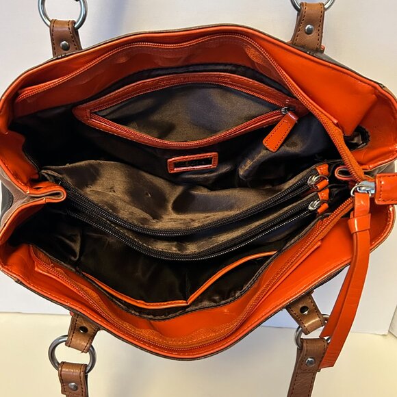 - La Diva Patent  Leather Orange Brown Color Block Handbag, The East/West … - Picture 8 of 17
